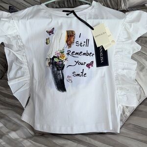 MonnaLisa White Ruffle-Sleeve Graphic Tee with Pastel Accents